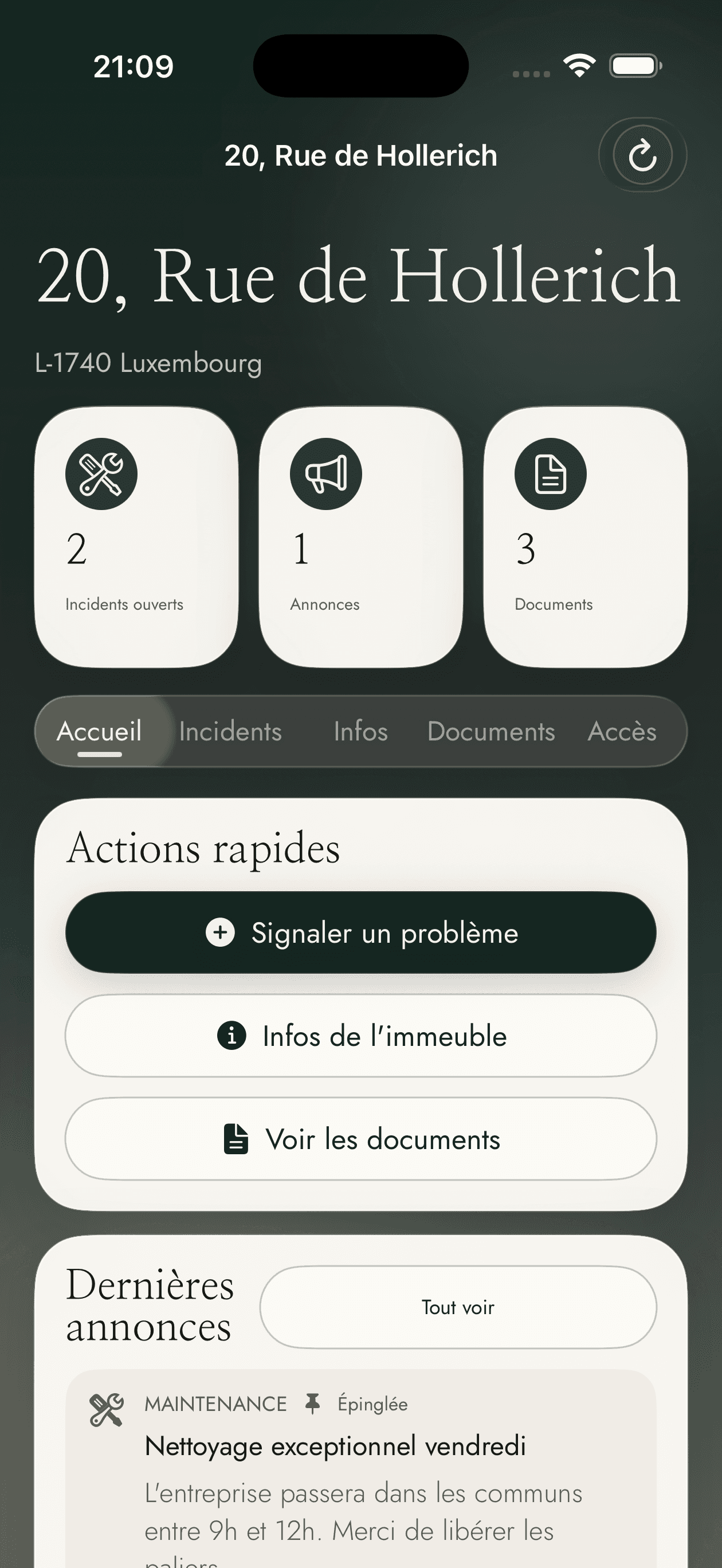 Capture réelle de l'app iOS Alzette One montrant l'accueil d'un immeuble