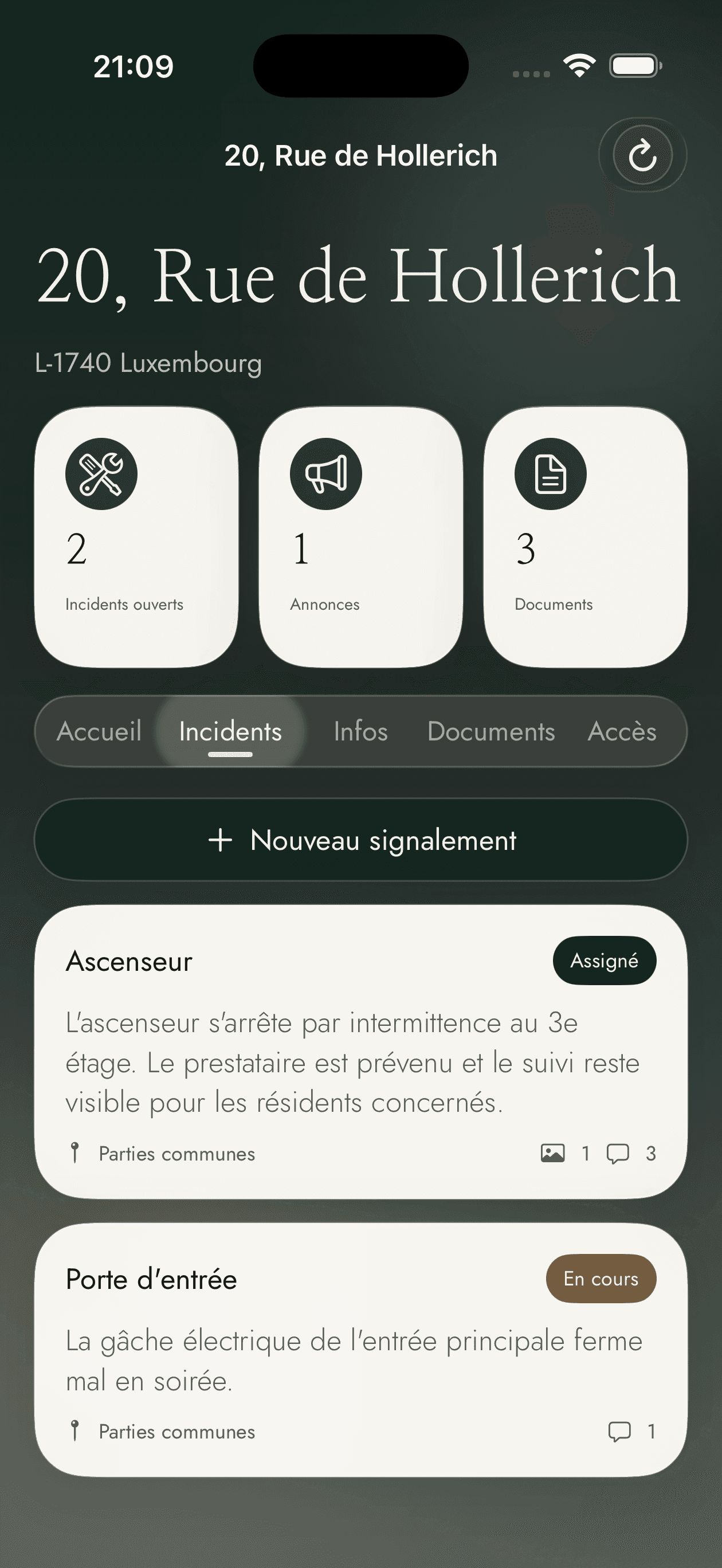 Capture réelle de l'app iOS Alzette One montrant le suivi des incidents