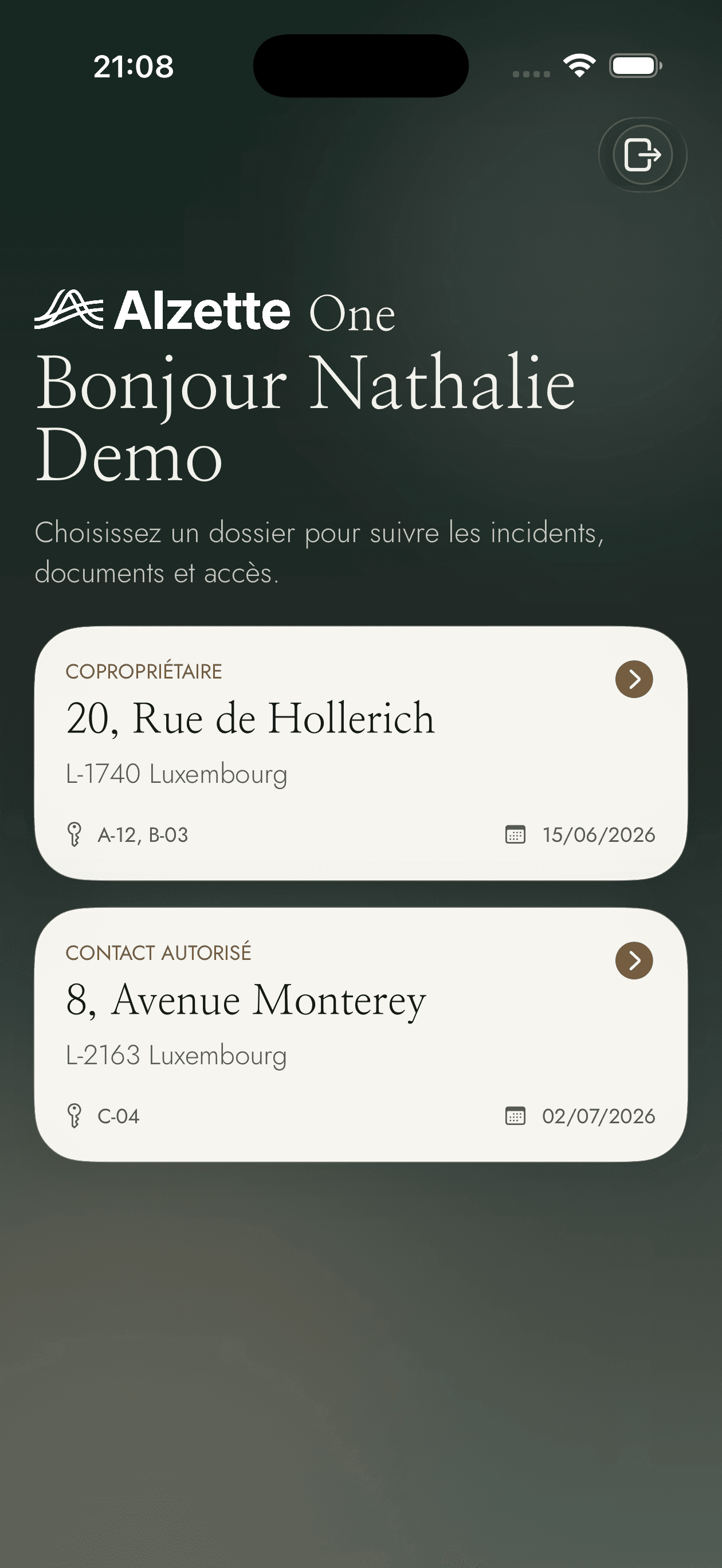 Capture réelle de l'app iOS Alzette One montrant le portefeuille résident