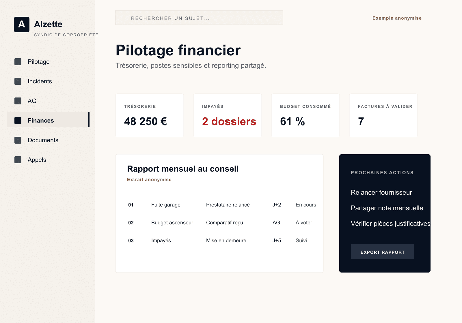 Capture anonymisée du pilotage financier opérateur Alzette