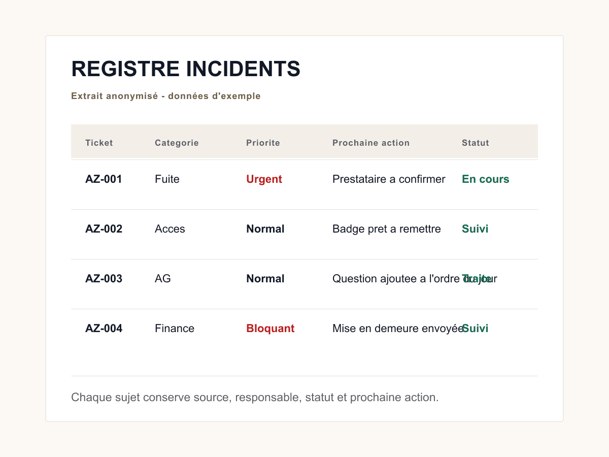 Extrait anonymisé du registre incidents